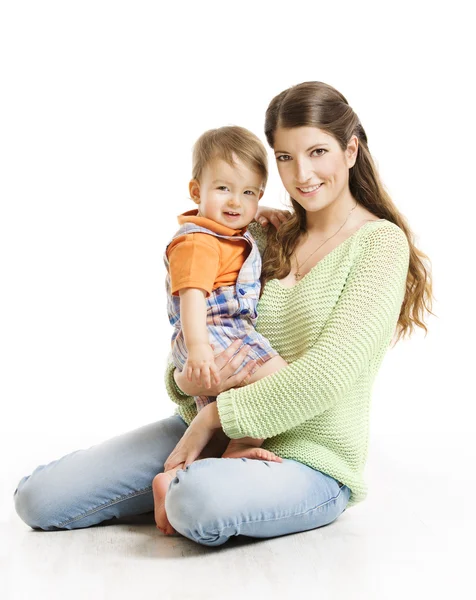 Mother Son Little Kid Family Portrait, Young Woman and Child on White — Stock Photo, Image