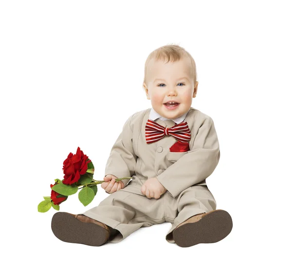 Baby Boy Flower, Kid Well Dressed Suit, One Year Child on White — Zdjęcie stockowe