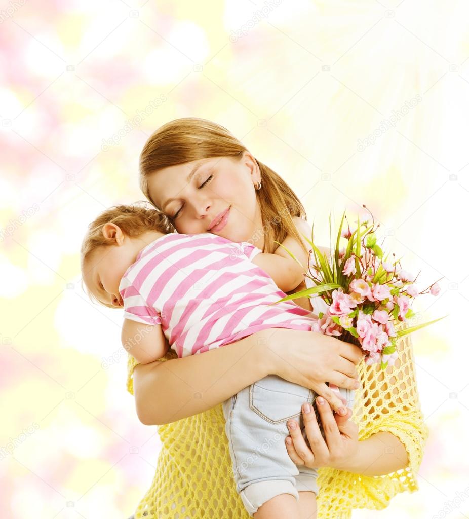 Mother and Baby Family Portrait with Flowers, Little Kid Embraci