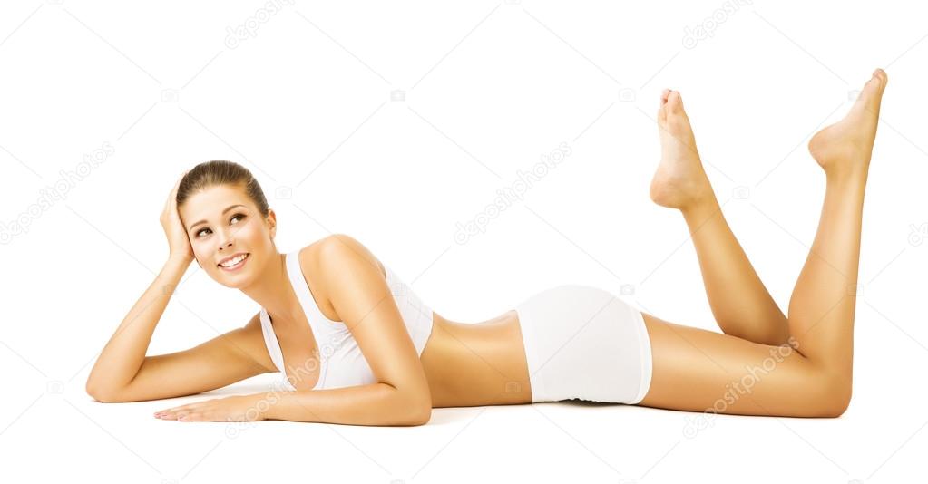 Woman Body Beauty, Girl in White Cotton Underwear, Model Lying on Stomach