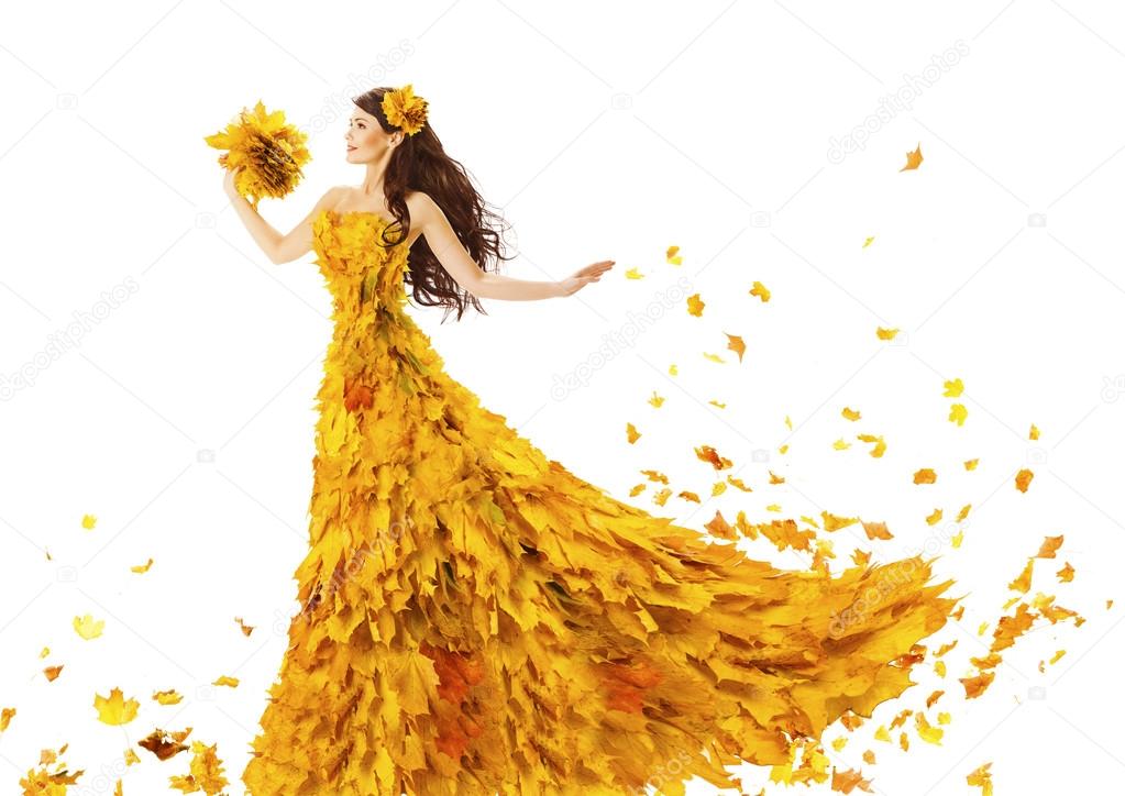 Woman Autumn Fashion Dress of Fall Leaves, Model Girl Yellow Wedding Bride
