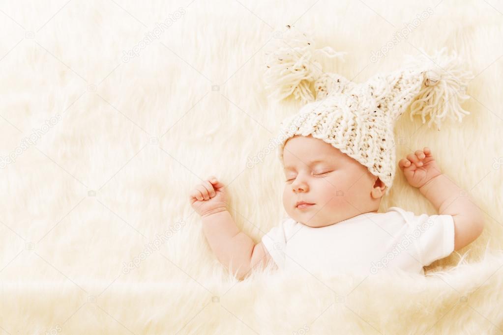 Baby Sleeping, Newborn Kid Portrait Asleep in Hat, New Born Sleep Stock
