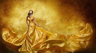 Altın moda Model elbise, kadın altın ipek elbise akan kumaş