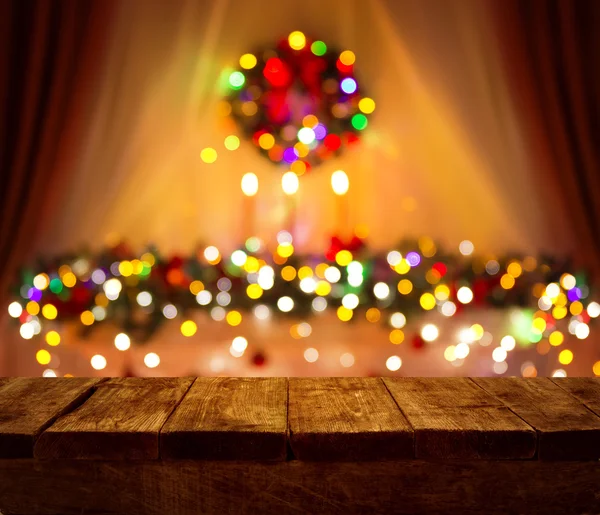 Christmas Table Blurred Lights Wood Desk, Xmas Wooden Plank — Stock Photo, Image