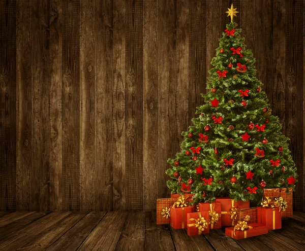 Albero di Natale Camera sfondo, Parete di legno Pavimento Interno in legno — Foto Stock