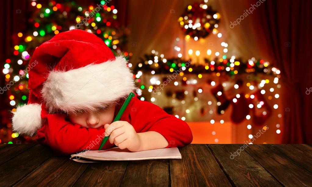 Christmas Child Write Letter to Santa Claus, Kid in Hat Writing — Stock