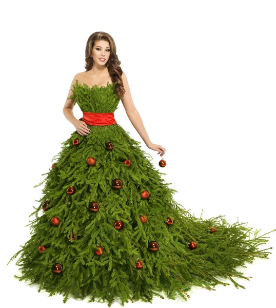 Christmas Tree Woman Dress, Fashion Model on White, New Year Girl — Stock Photo, Image