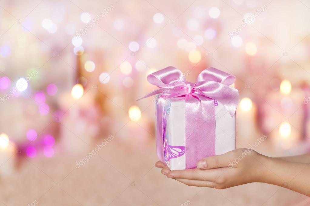 Gift Boxes Holding on Hands, Present Pink Silk Ribbon Bow, Woman