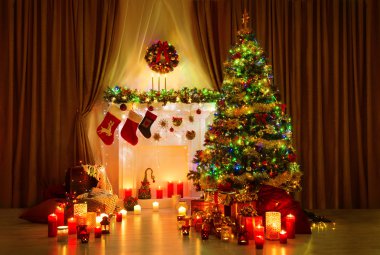 Noel ağacı Oda, Xmas ev gece iç, şömine ışıklar
