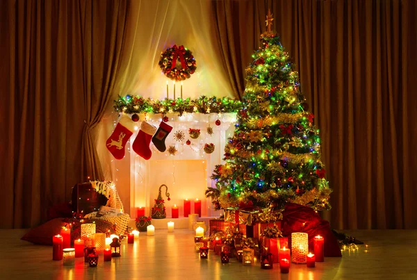 Christmas Tree Room, Xmas Home Night Interior, Fireplace Lights — Stock Image Christmas Tree Room, Xmas Home Night Interior, Fireplace Lights Royalty Free Stock Images