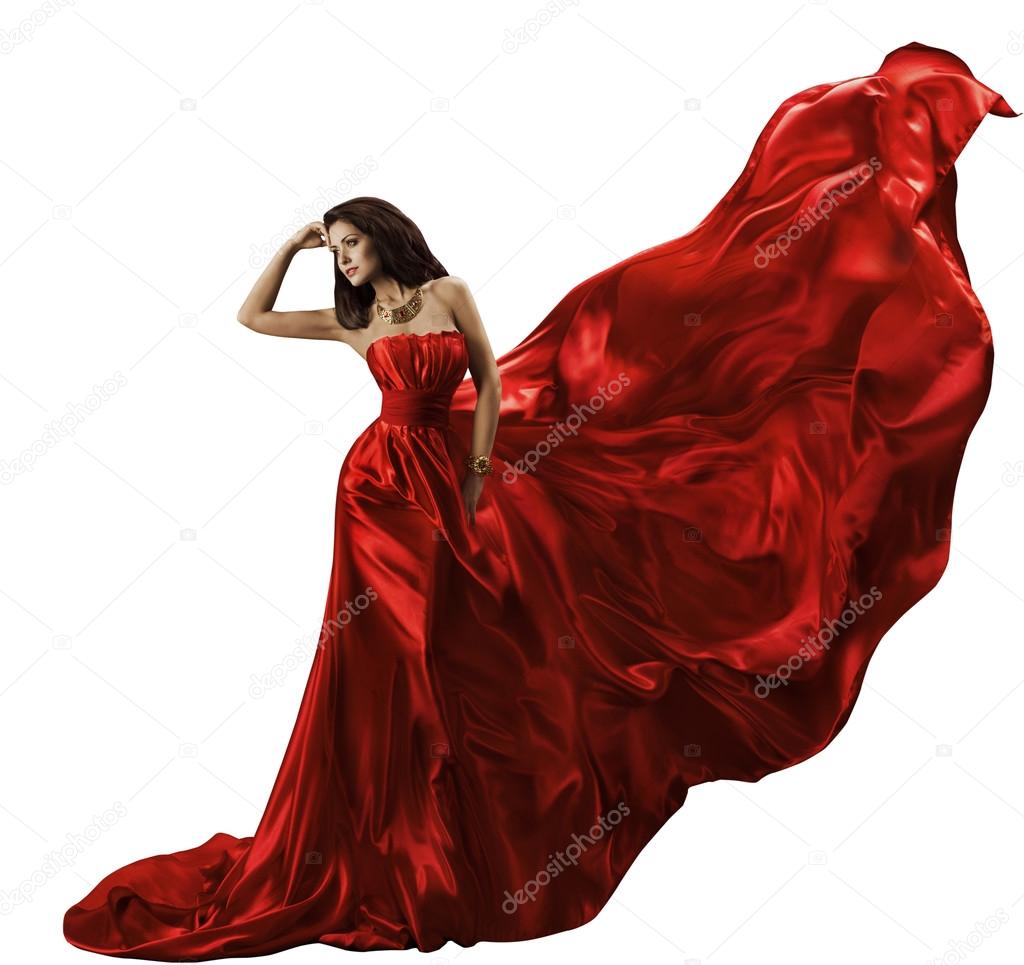 Woman Red Dress, Waving Flying Silk Fabric, Beauty Mode White