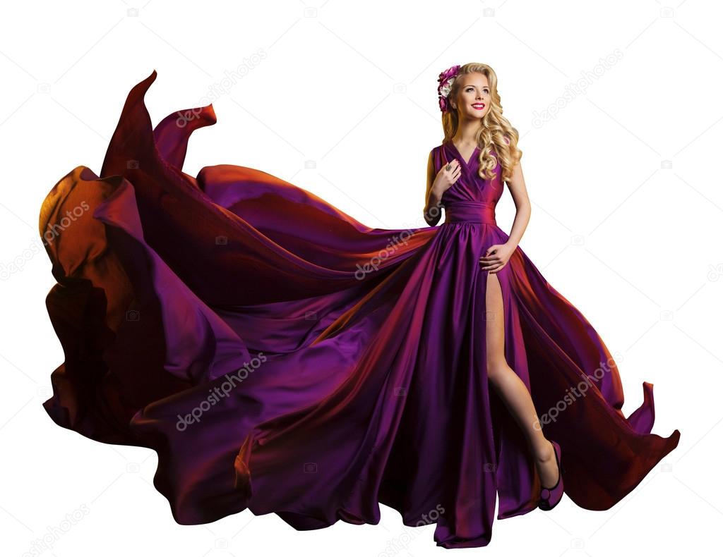 Woman Dress Flying Fabric, Beautiful Fashion Model Purple Gown
