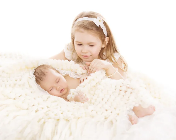 Sister and Brother Kids, Sleeping Baby, Girl Child Newborn Boy — Stock Photo, Image