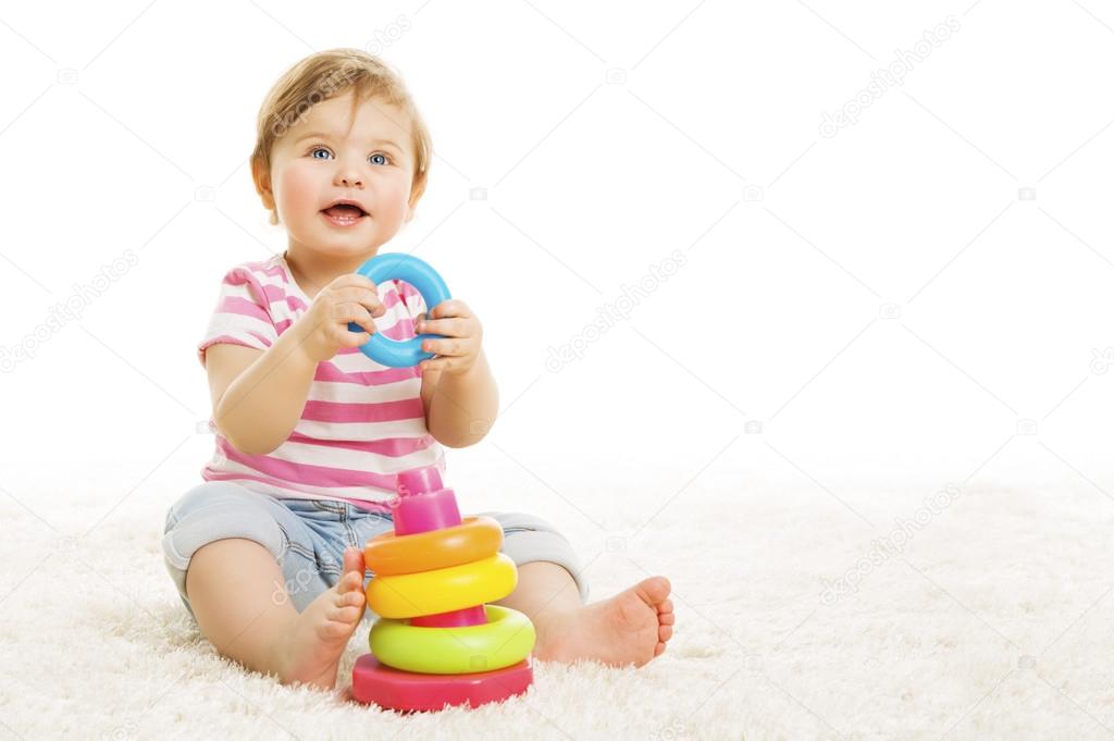 Kid Playing Toys Blocks, Sitting Baby Play Toy on White