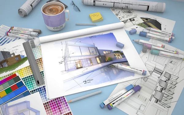 Área de trabalho do arquiteto com uma renderização de casa — Fotografia de Stock