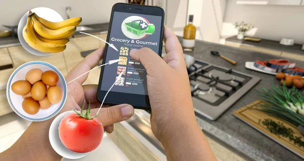 Rendering Person Using App Grocery Shopping While Cooking Kitchen — Stock Photo, Image