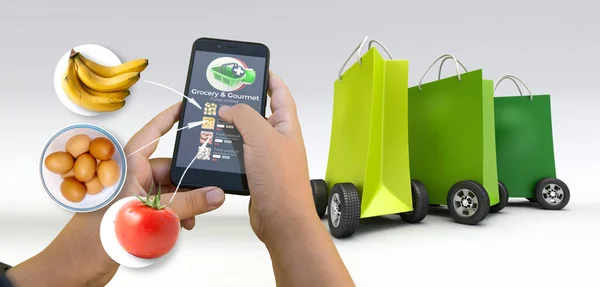 3D rendering of a person using an app for grocery shopping and shopping bags