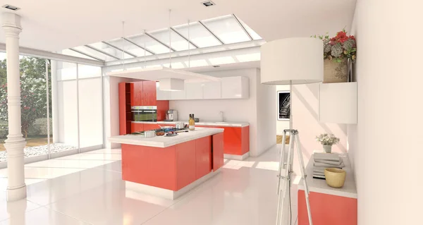 Rendering Industrial Style Domestic Kitchen Integrated House Glass Roof Red — Stock Photo, Image