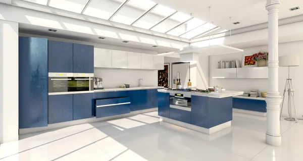 Återgivning Industriellt Kök Integrerat Huset Med Glastak Mörkblått — Stockfoto