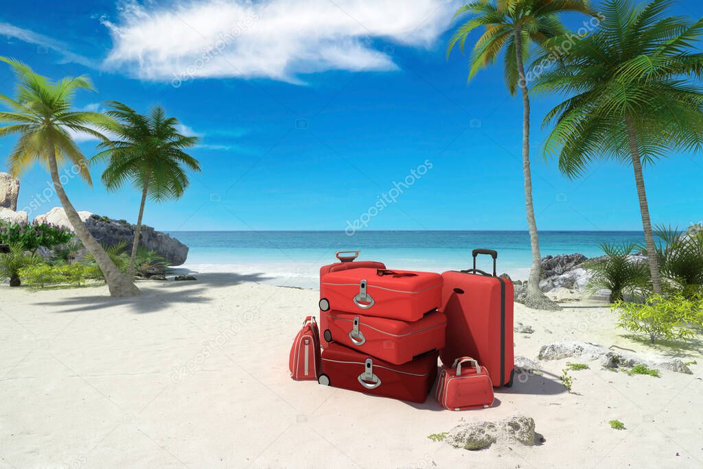 3D rendering of a pile of red luggage on a tropical beach