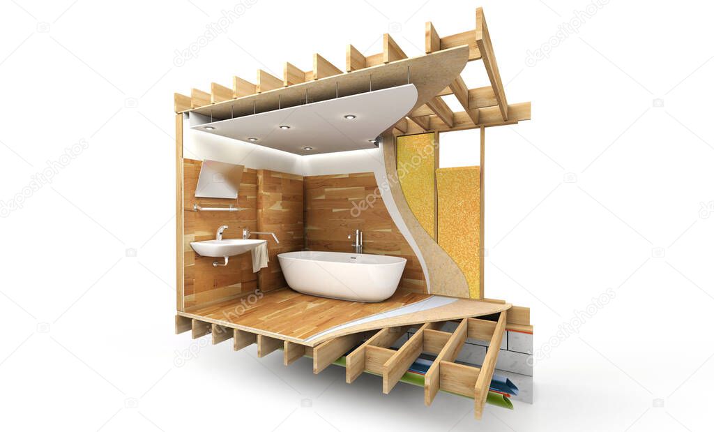 3D rendering of a bathroom section showing all technical details