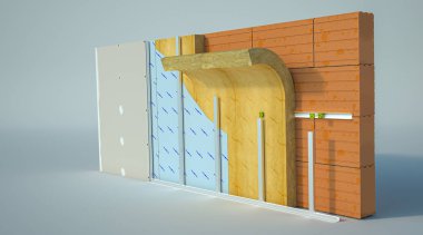 İnşaat detayları ve katmanlı bir duvarın 3B görüntülenmesi