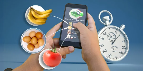 3D rendering of a person using an app for grocery shopping and a chronometer