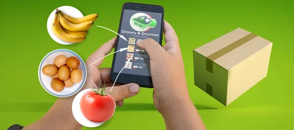Vykreslování Osoby Pomocí Aplikace Pro Nakupování Potravinách Stěhovací Box — Stock fotografie