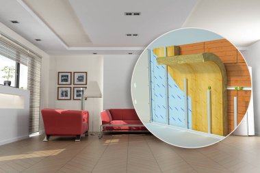 Üç boyutlu iç mimari ve duvar yalıtımı teknik detaylar.