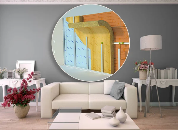 Rendering Eines Innenraums Mit Technischen Details Zur Wanddämmung — Stockfoto
