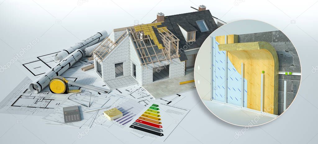 3D rendering of a home under construction with blueprints and energy efficiency chart and  wall insulation construction technical details