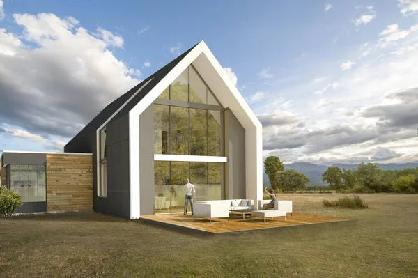 Rendering Big Contemporary House Countryside — Stock Photo, Image