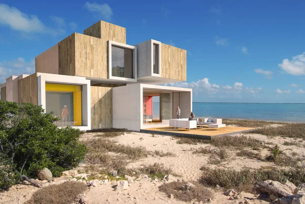 Rendu Une Grande Maison Contemporaine Sur Une Plage — Photo