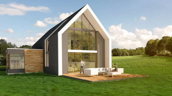 Rendering Big Contemporary House Countryside — Stock Photo, Image