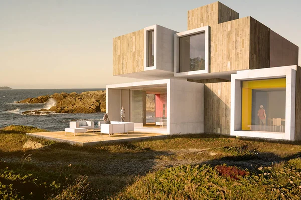 Representación Una Casa Cúbica Moderna Junto Mar —  Fotos de Stock