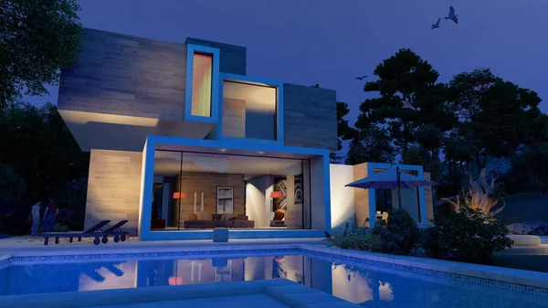 Rendu Une Grande Maison Contemporaine Avec Une Piscine Beau Jardin — Photo