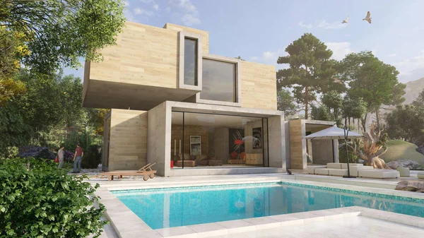 Rendu Une Grande Maison Contemporaine Avec Une Piscine Beau Jardin — Photo