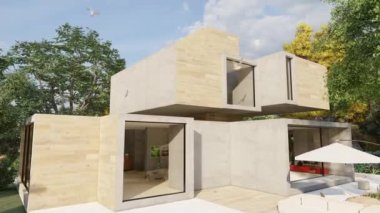 Havuzu ve bahçesi olan büyük çağdaş bir evin üç boyutlu animasyonu.