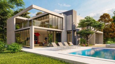 Etkileyici bahçe ve havuzu olan, oturma odasına bakan dış görünüşlü, 3 boyutlu, çağdaş bir villa.