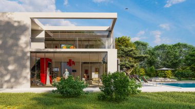 Etkileyici bahçe ve havuzu olan, oturma odasına bakan dış görünüşlü, 3 boyutlu, çağdaş bir villa.