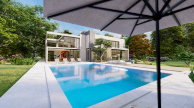 Etkileyici bir bahçesi ve havuzu olan büyük, çağdaş bir villanın 3 boyutlu görüntüsü.