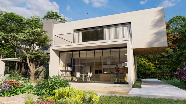 Representación Una Gran Villa Contemporánea Con Impresionante Jardín Piscina Vista — Foto de Stock