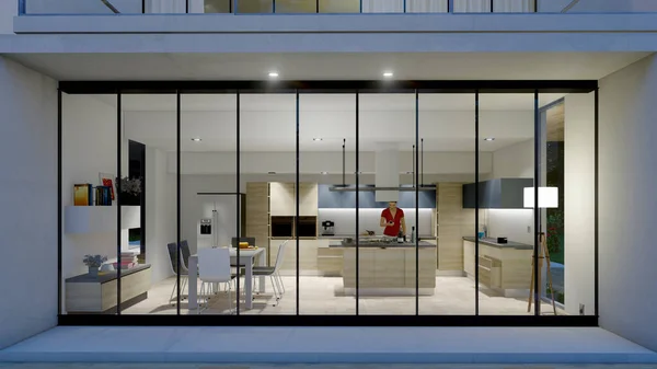 Representación Una Cocina Moderna Con Maniquí Modelo Visto Desde Exterior — Foto de Stock