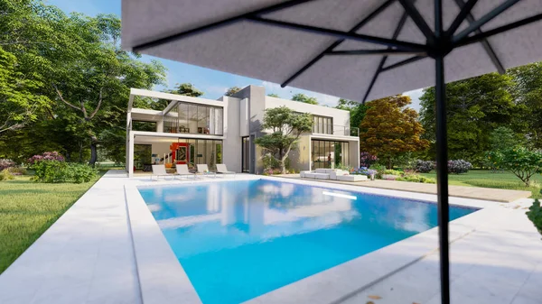 Representación Una Gran Villa Contemporánea Con Impresionante Jardín Piscina — Foto de Stock