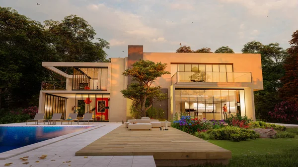 Rendering Una Grande Villa Contemporanea Con Giardino Piscina Tramonto — Foto Stock