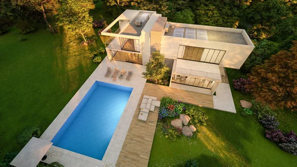 Rendering Una Grande Villa Contemporanea Con Giardino Piscina Impressionanti Vista — Foto Stock