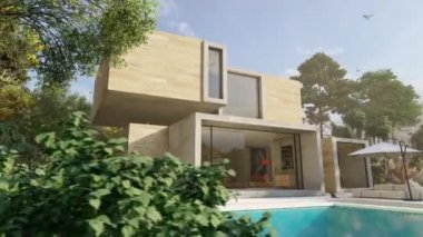 Havuzu ve bahçesi olan büyük çağdaş bir evin üç boyutlu animasyonu.