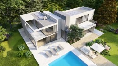 3 boyutlu animasyon, havuzlu ve bahçeli büyük çağdaş bir ev.