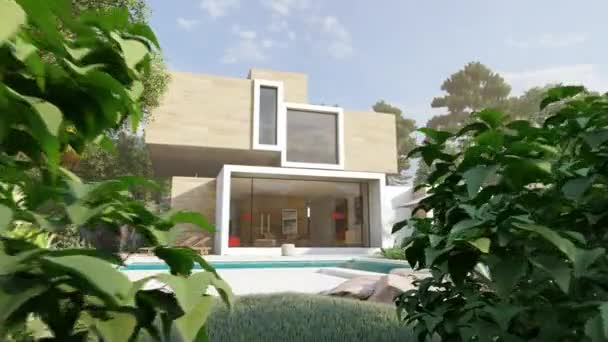 Animatie Rondom Een Groot Hedendaags Huis Met Zwembad Tuin — Stockvideo