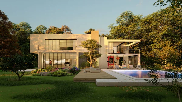 Återgivning Stor Modern Villa Med Imponerande Trädgård Och Pool Vid — Stockfoto
